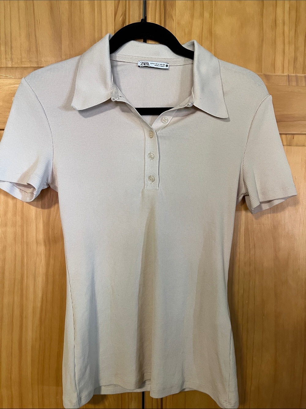 Zara Beige Ribbed Polo Short-Sleeve Top